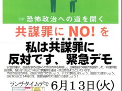 私は、共謀罪に反対です、緊急デモ6.13／6.14